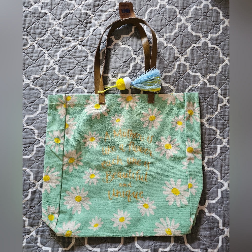 A Mother Is Like A Flower Each One Beautiful & Unique Pom-Pom Tote Bag NWT